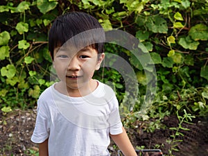 Asian cute child boy smiling with surprised face while do gardening outdoor in nature background with green leaves plant.