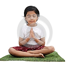Asian Cute Girl Doing Breathing Exercise. Cute girl at home in lotus position