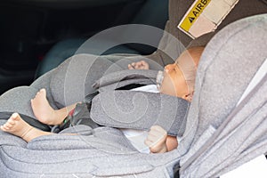 Asian cute newborn baby sleeping in modern car seat.