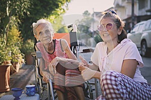 asian dauther and old mother happiness with relaxing time at home village