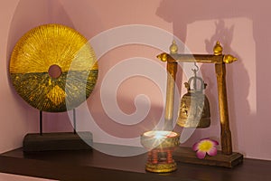 Asian decorations are on table - candlestick,