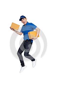 Asian delivery man jumping and holding parcel box isolated on white background