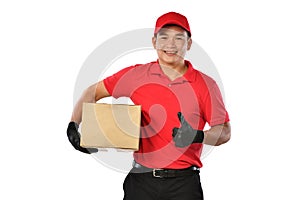 Asian delivery man in red uniform with parcel cardboard box isolated on white background