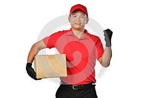 Asian delivery man in red uniform with parcel cardboard box isolated on white background