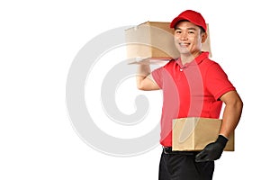 Asian delivery man in red uniform with parcel cardboard box isolated on white background