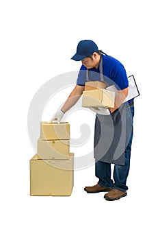 Asian delivery man working in blue shirt apron, protective gloves is checking or counting product on isolated white background