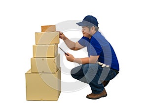Asian delivery man working in blue shirt is checking or counting product on isolated white background