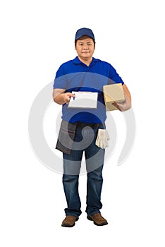 Asian delivery man working in blue shirt with Waist bag for equipment hand holding parcel and presenting receiving form for