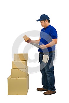 Asian delivery man working in blue shirt with Waist bag for equipment isolated white background