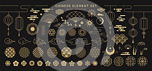 Asian design element set. Vector decorative collection of patterns, lanterns, flowers , clouds, ornaments.