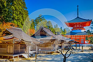 Asian Destinations. View of Danjo Garan Sacred Temple with Konpon Daito Great pagoda at Mount Koyasan in Japan