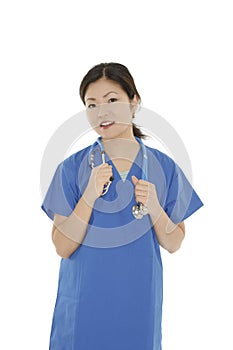 Beautiful Asian woman doctor or nurse wearing scrubs