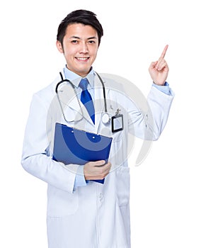 Asian doctor with folder and finger point up