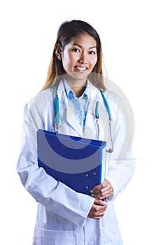 Asian doctor holding blue binder