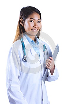 Asian doctor holding clipboard