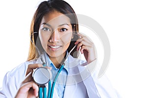 Asian doctor holding her stethoscope