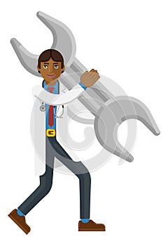 Asian Doctor Man Holding Spanner Wrench Mascot