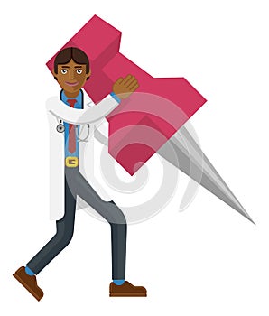 Asian Doctor Man Holding Thumb Tack Pin Mascot