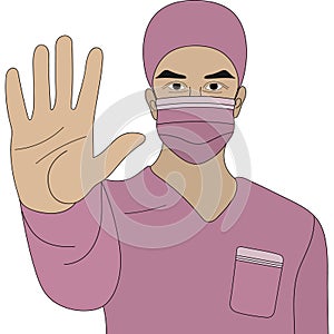 Asian doctor. A paramedic in a mask and uniform shows a hand gesture - stop. Colored vector illustration. Palm forward gesture.