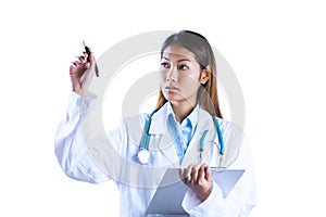 Asian doctor pointing with pen