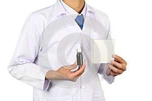 Asian doctor or scientist hand holding spuit, dropping pipet, pipette, medicine, brown glass container eye dropper with white box.