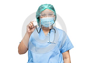 Asian doctor wearing mask, face shield and PPE suit new normal isolated on white background with clipping path. to check patient