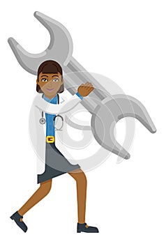 Asian Doctor Woman Holding Spanner Wrench Mascot