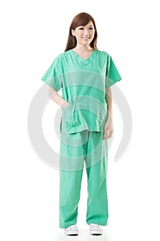 Asian doctor woman wear a isolation gown or operation gown