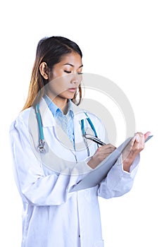 Asian doctor writing on files