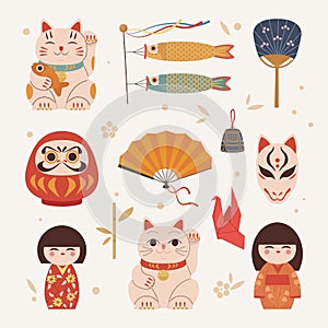 asian dolls. china fortune symbols cats masks and lanterns. Vector traditional authentic collection