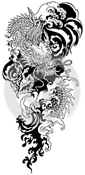 Asian dragon. Black and white tattoo