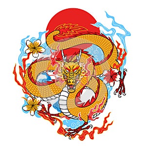 Asian Dragon flying Illustration Tattoo Style Design