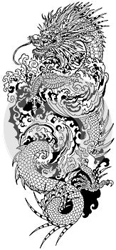 Asian dragon and water waves. Black and white Tattoo.Vertical