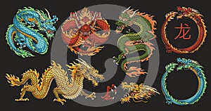 Asian dragons colorful set logotype