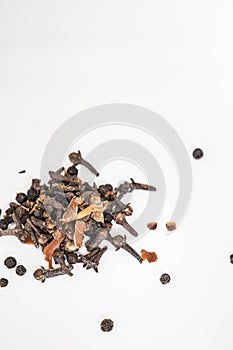 Asian dry herbals on white background