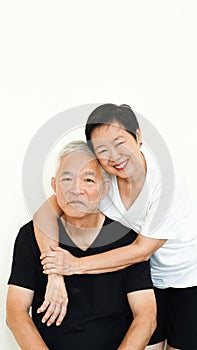 Asian elder senior couple happy life  together smile on white background