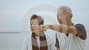 Asian senior elder couple holding hands looking sunset sea ocean together happy retirement life