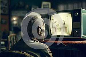 Asian elderly man watching television broadcast on retro tv