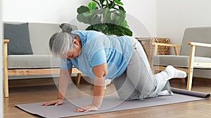 Asian elderly woman sitting at home exercising