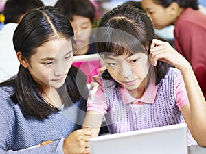 Asian elementary school students working in groups
