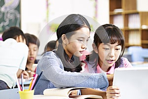 Asian elementary school students working in groups