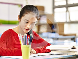 Asian elementary schoolgirl studying in classroom