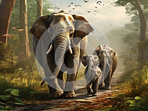 Asian elephant familys walking