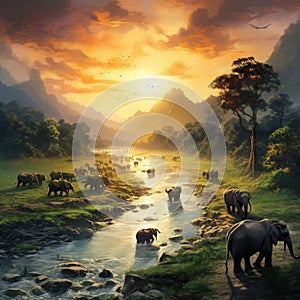 Asian elephants crossing the Karnali river, Bardia, Nepal  Made With Generative AI illustration