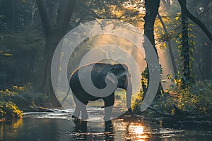 Asian Elephants in natural river at deep forest.Generative Ai