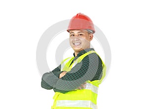 Asian enggineer standing isolated white bacground