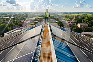 Asian engineer checking equipment in solar power plant on roof. clean energy