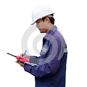 Asian engineer in safety uniform and white helmet taking note on clipboard isolated on white background