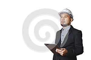 Asian engineering man wears hardhat holding tablet isolated on white background. foreman control construction.