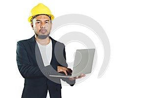 Asian engineering man wears hardhat holding working with laptop isolated on white background.